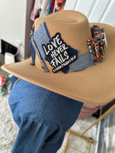 Load image into Gallery viewer, “Love Never Fails Denim Patch Fedora Hat”
