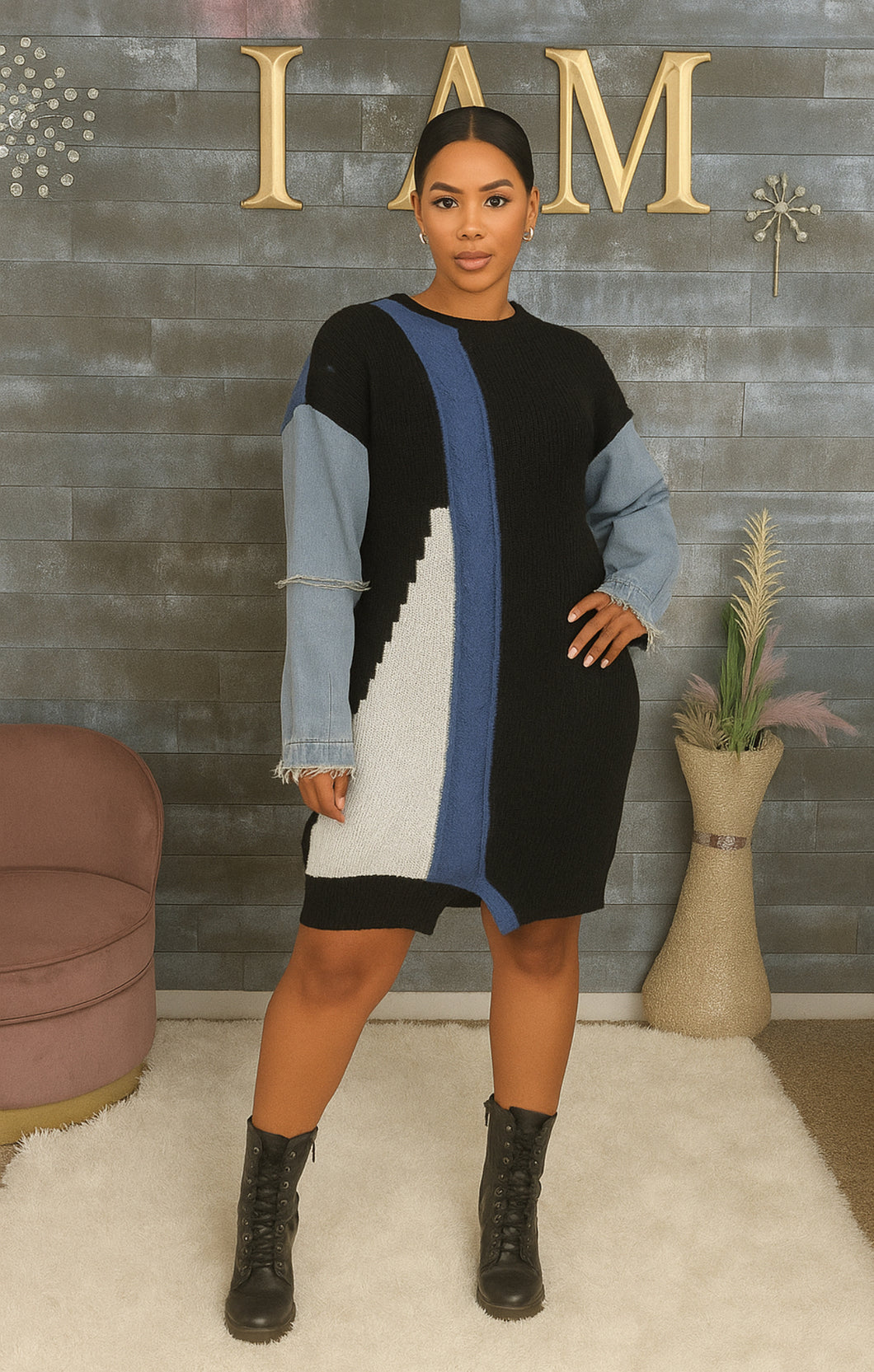 Denim Contrast Sweater Dress